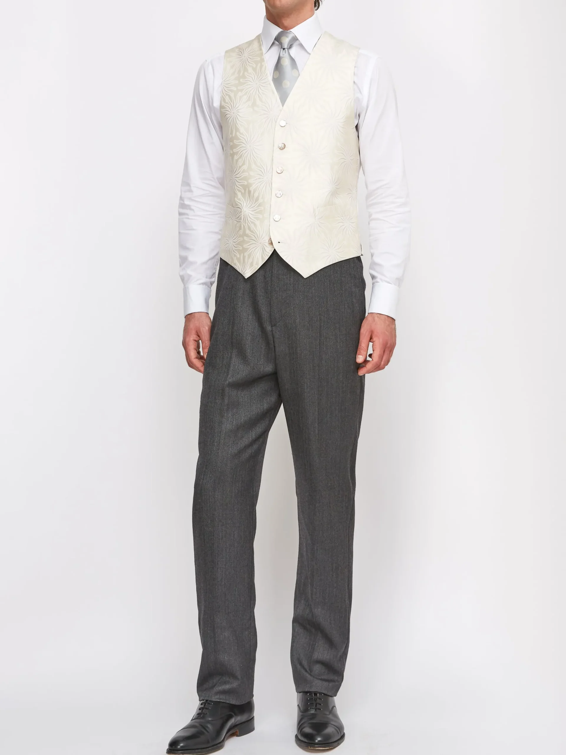 Favourbrook Ivory Starburst Silk Wool Single Breasted 6 Button Waistcoat- Waistcoats | Patterned Waistcoats