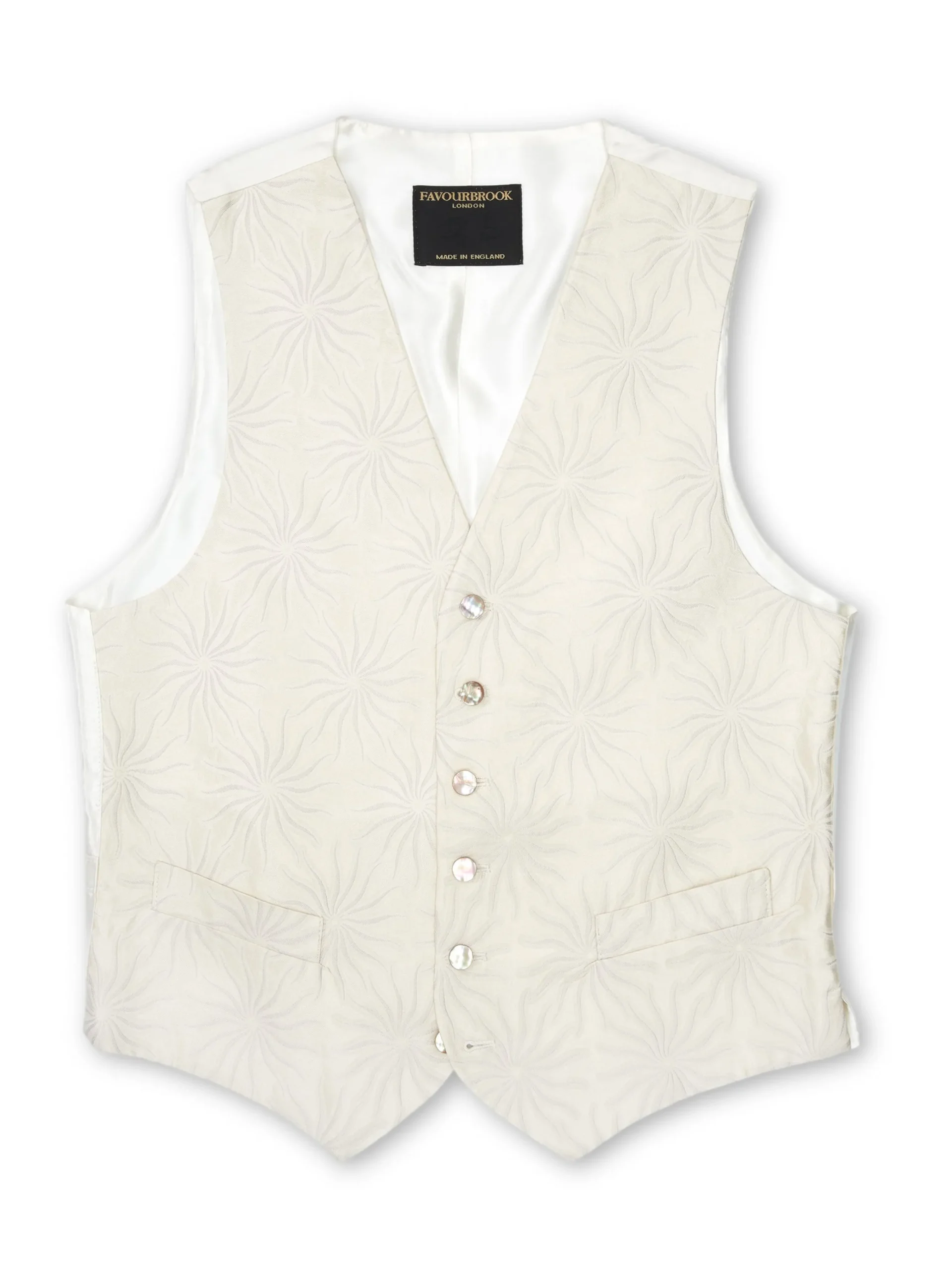 Favourbrook Ivory Starburst Silk Wool Single Breasted 6 Button Waistcoat- Waistcoats | Patterned Waistcoats