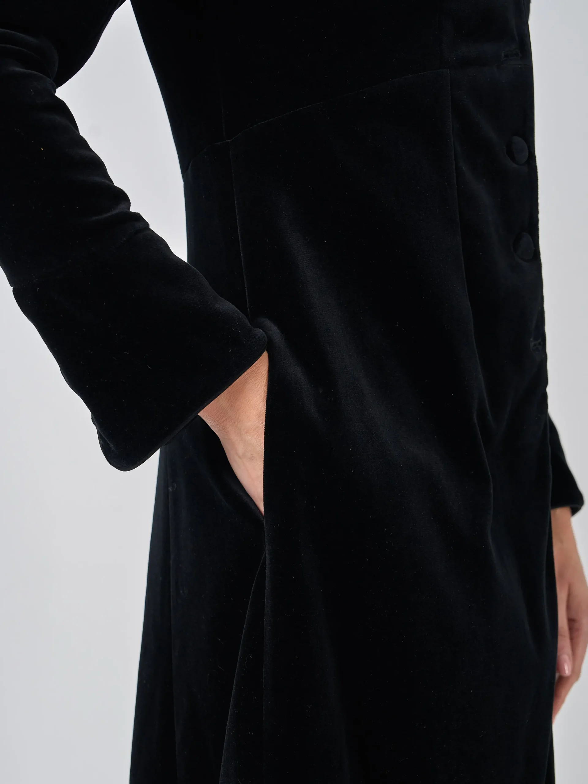 Favourbrook Long Swing Coat Black Plain Cotton Velvet-Women Eveningwear | Eveningwear