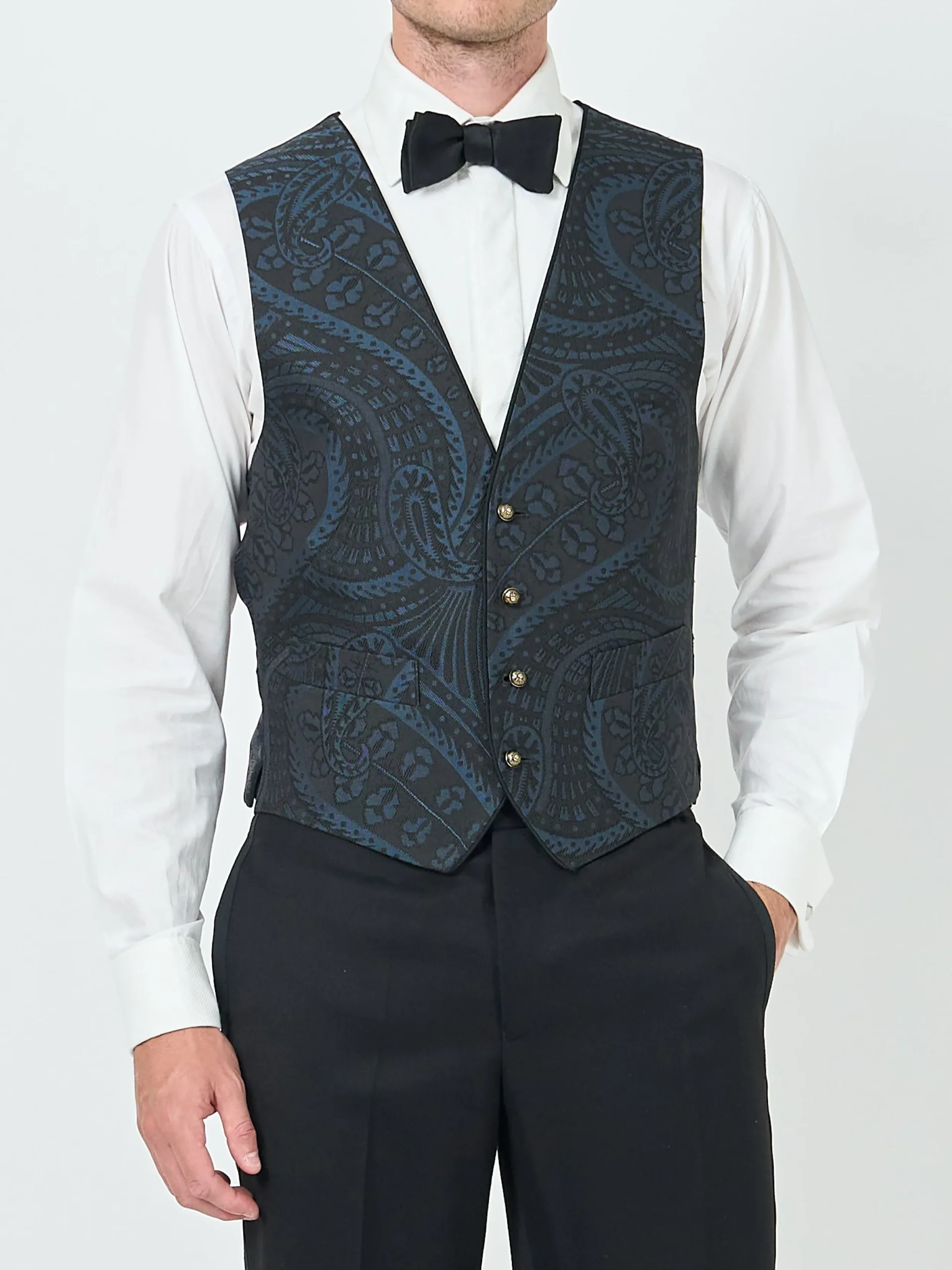 Favourbrook Midnight Heathcote Paisley Single Breasted 4 Button Piped Waistcoat- Waistcoats | Single Breasted Waistcoats