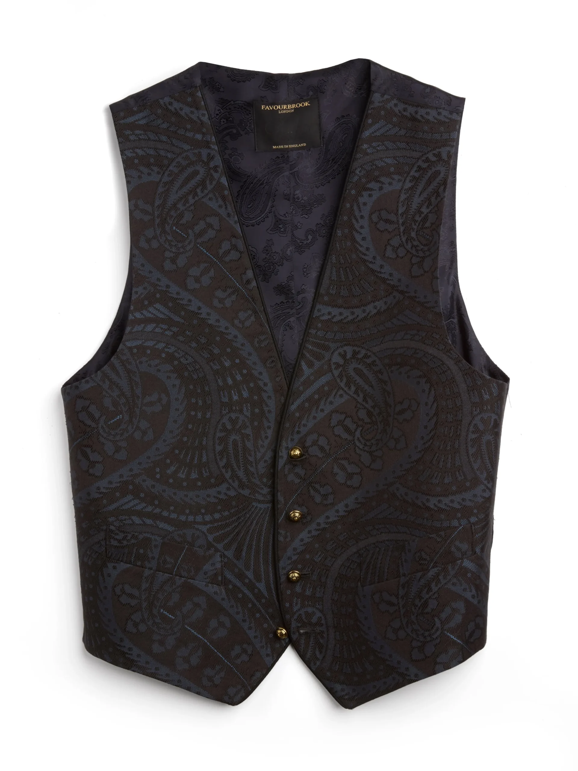 Favourbrook Midnight Heathcote Paisley Single Breasted 4 Button Piped Waistcoat- Waistcoats | Single Breasted Waistcoats