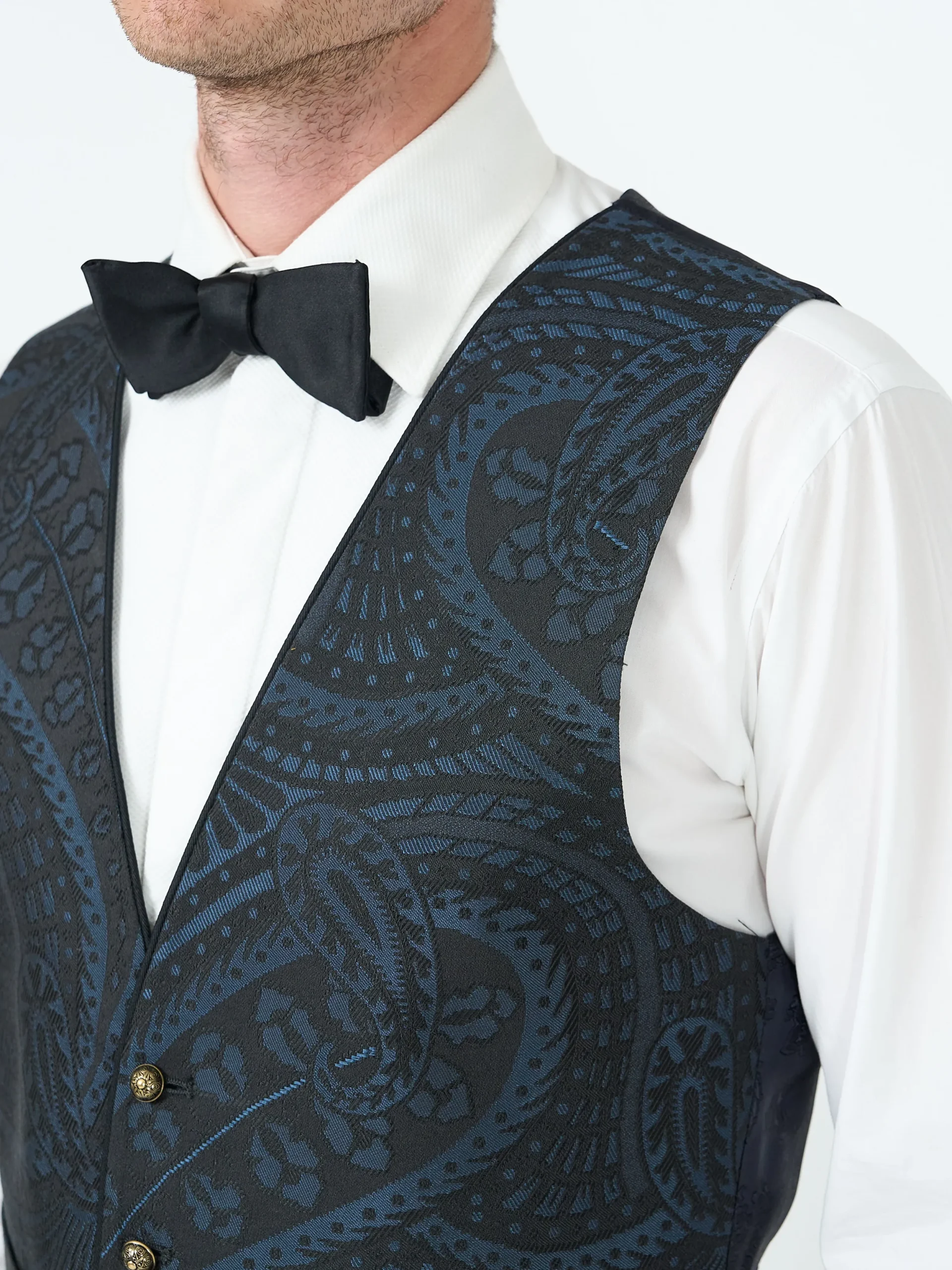 Favourbrook Midnight Heathcote Paisley Single Breasted 4 Button Piped Waistcoat- Waistcoats | Single Breasted Waistcoats