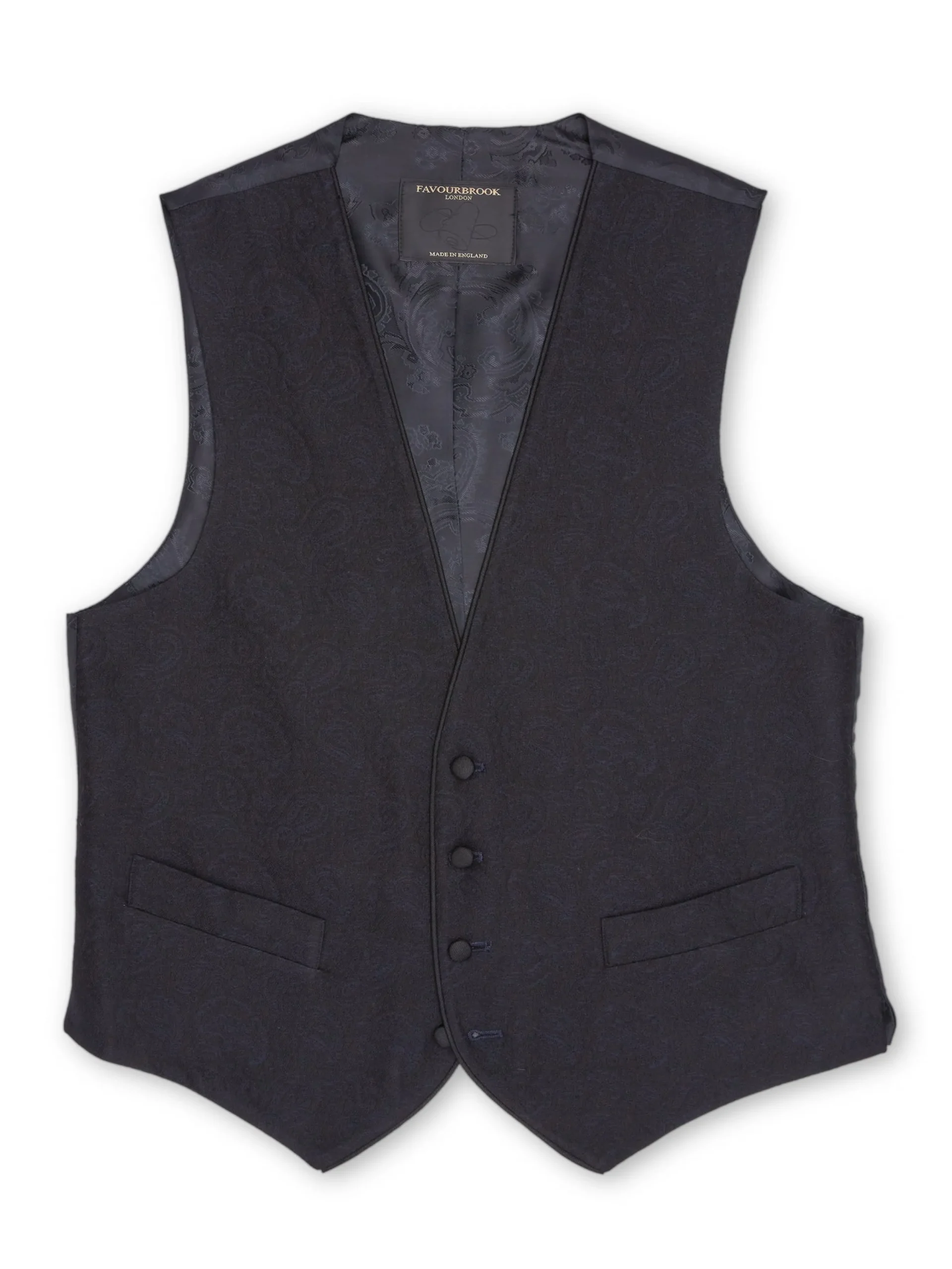 Favourbrook Midnight Vincent Wool Single Breasted 4 Button Piped Waistcoat- Waistcoats | Single Breasted Waistcoats