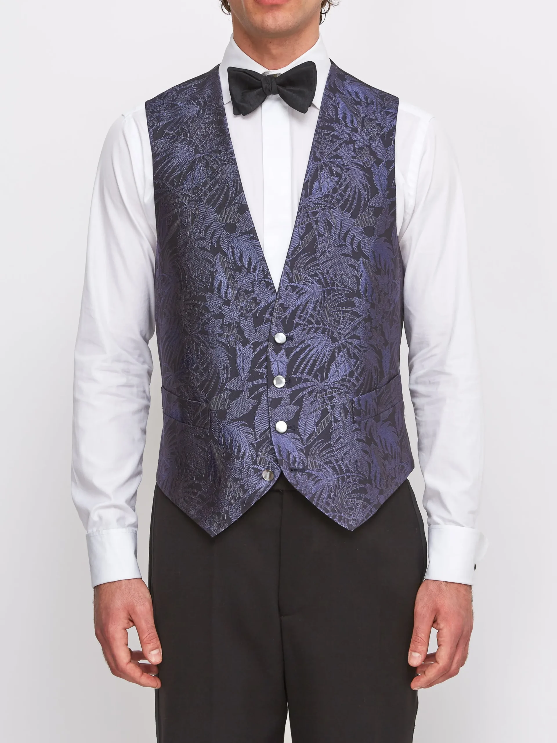 Favourbrook Navy Botanics Silk Single Breasted 4 Button Waistcoat- Waistcoats | Single Breasted Waistcoats