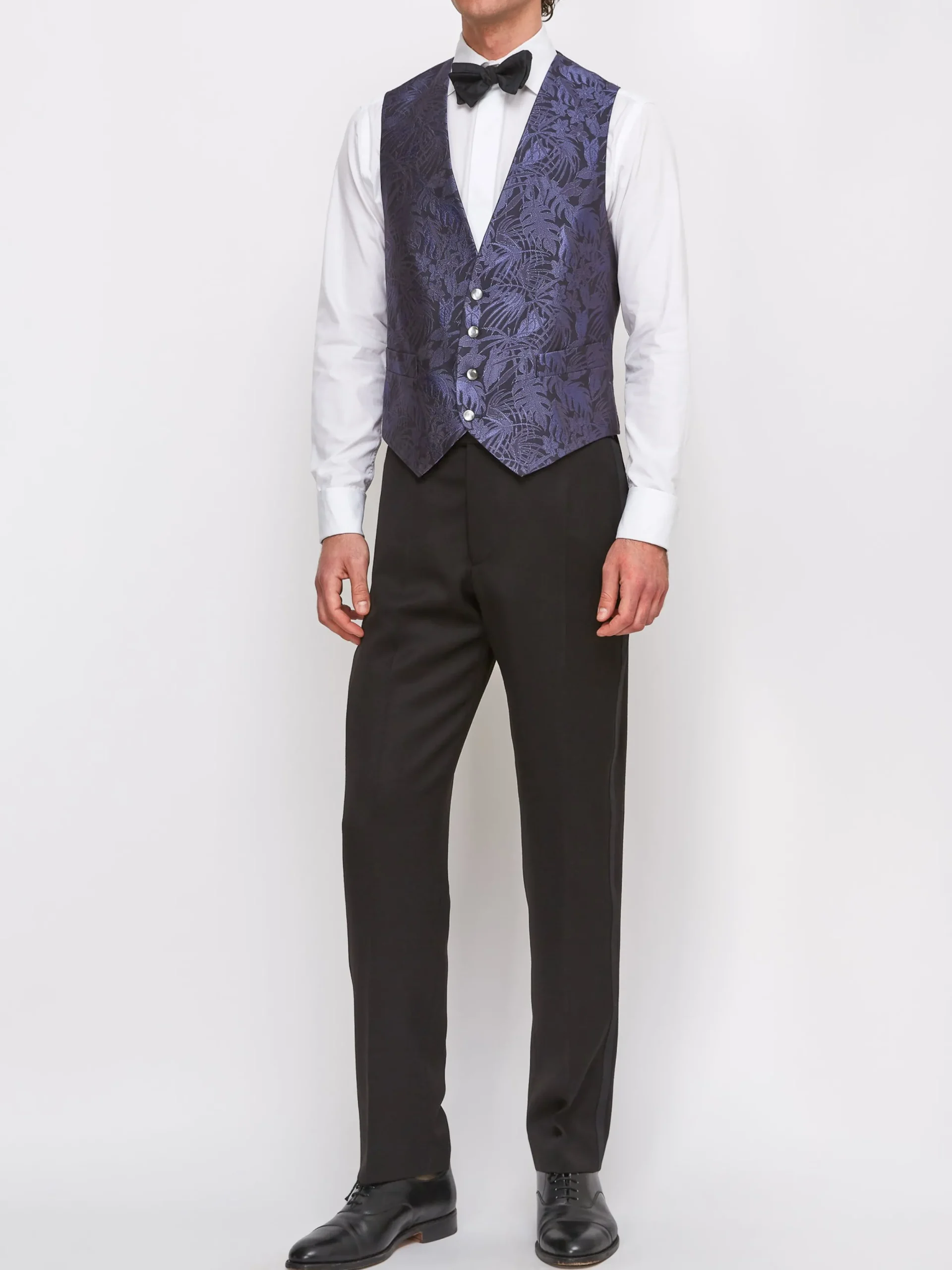 Favourbrook Navy Botanics Silk Single Breasted 4 Button Waistcoat- Waistcoats | Single Breasted Waistcoats