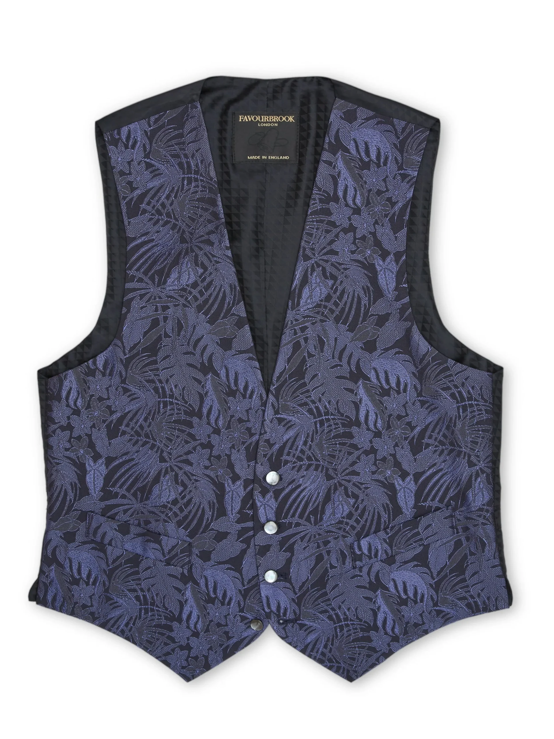 Favourbrook Navy Botanics Silk Single Breasted 4 Button Waistcoat- Waistcoats | Single Breasted Waistcoats