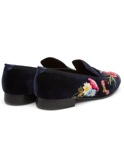 Favourbrook Navy Embroidered Velvet Cotton & Leather Slippers- Slippers
