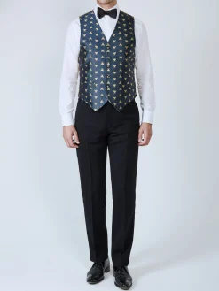 Favourbrook Navy Gold Bees Silk Single Breasted 6 Button Waistcoat- Eveningwear | Groomswear