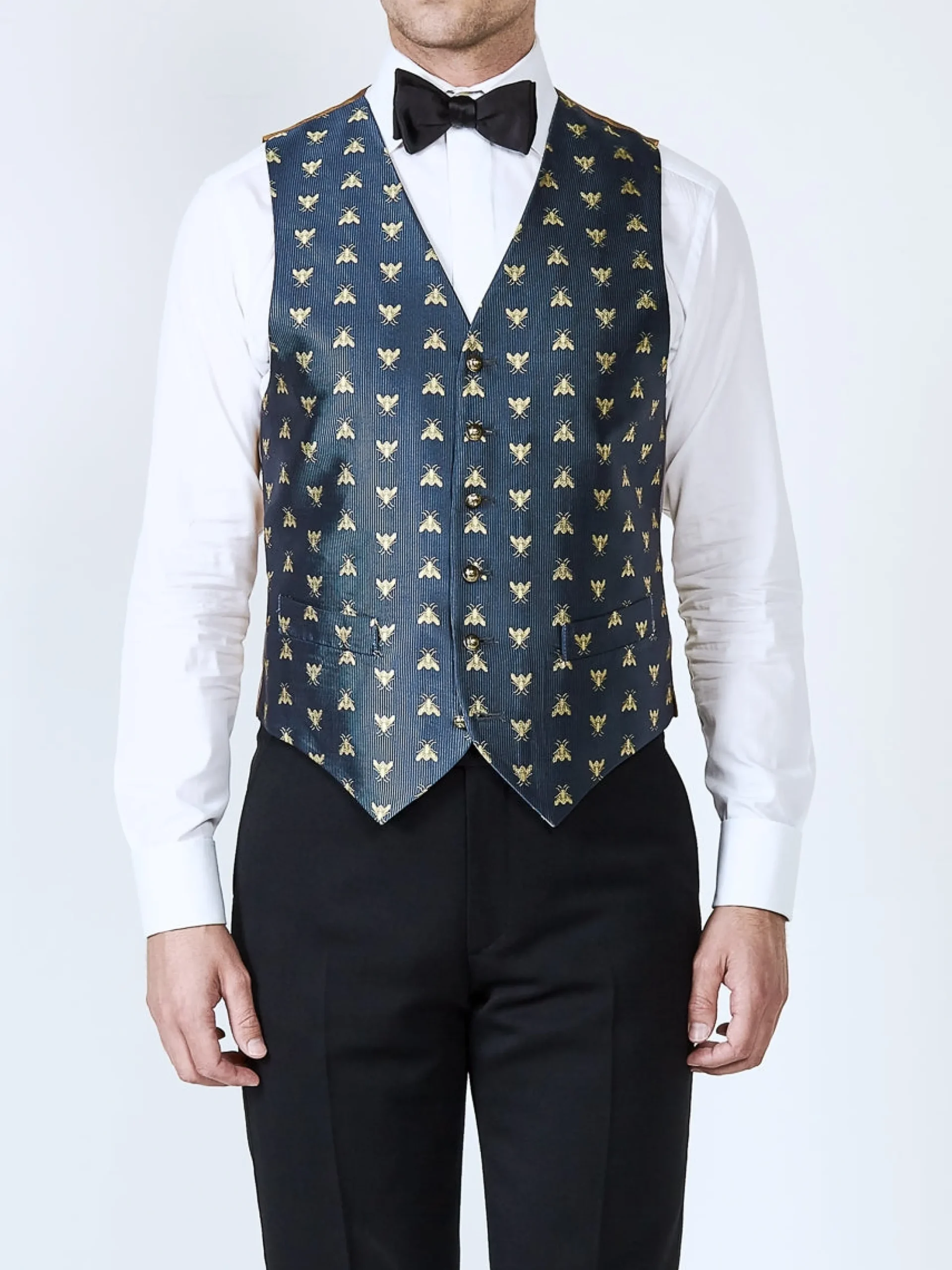 Favourbrook Navy Gold Bees Silk Single Breasted 6 Button Waistcoat- Eveningwear | Groomswear