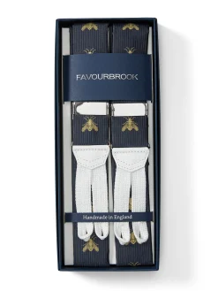 Favourbrook Navy Gold Bees White Leather Silk Braces- Braces