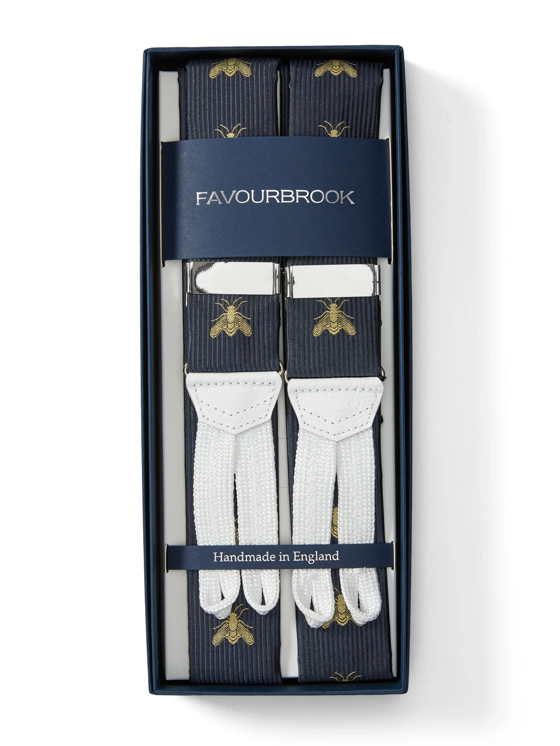 Favourbrook Navy Gold Bees White Leather Silk Braces- Braces