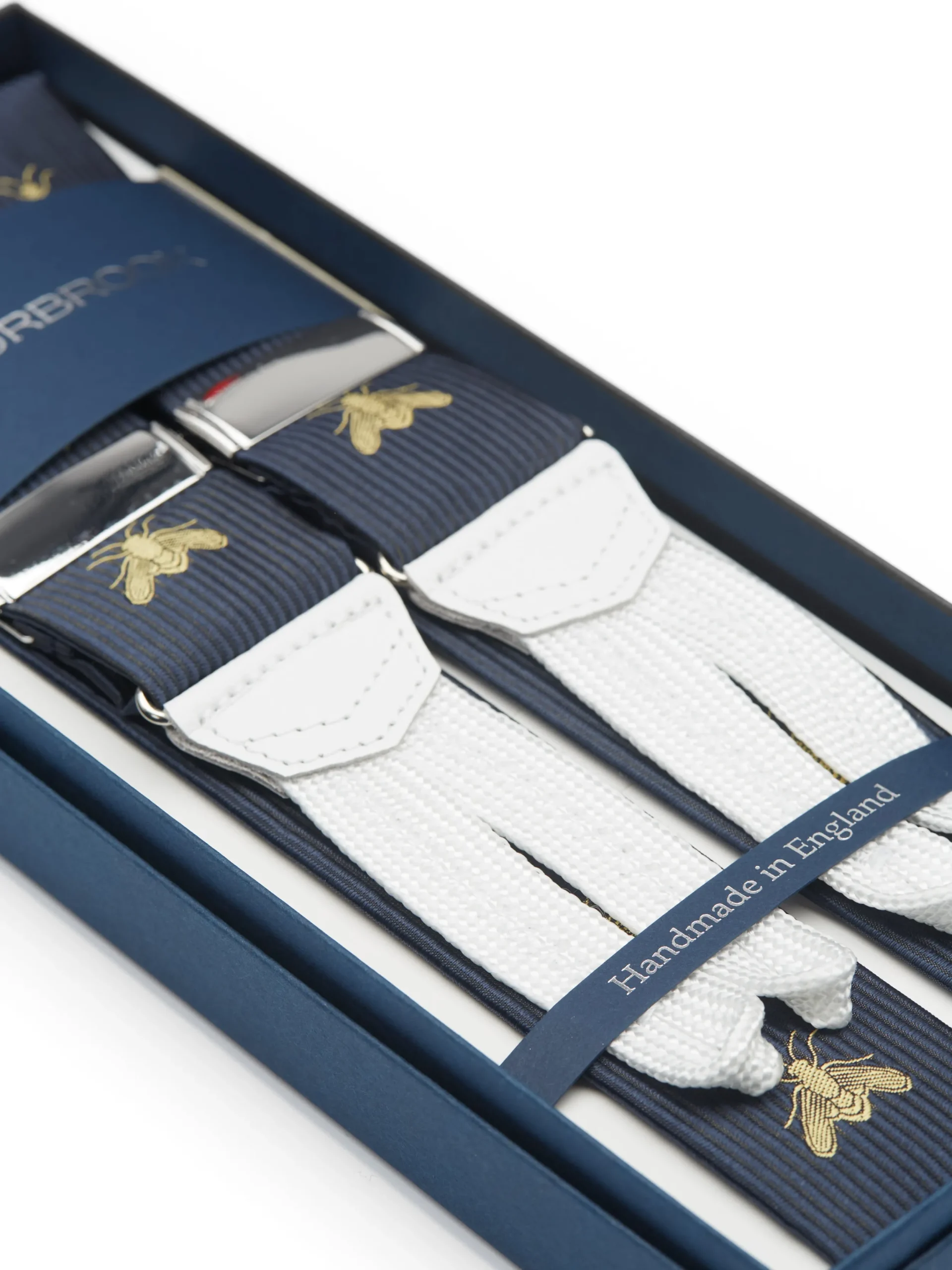Favourbrook Navy Gold Bees White Leather Silk Braces- Braces