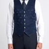 Favourbrook Navy Sweet Pea Linen Single Breasted 6 Button Waistcoat- Waistcoats | Single Breasted Waistcoats