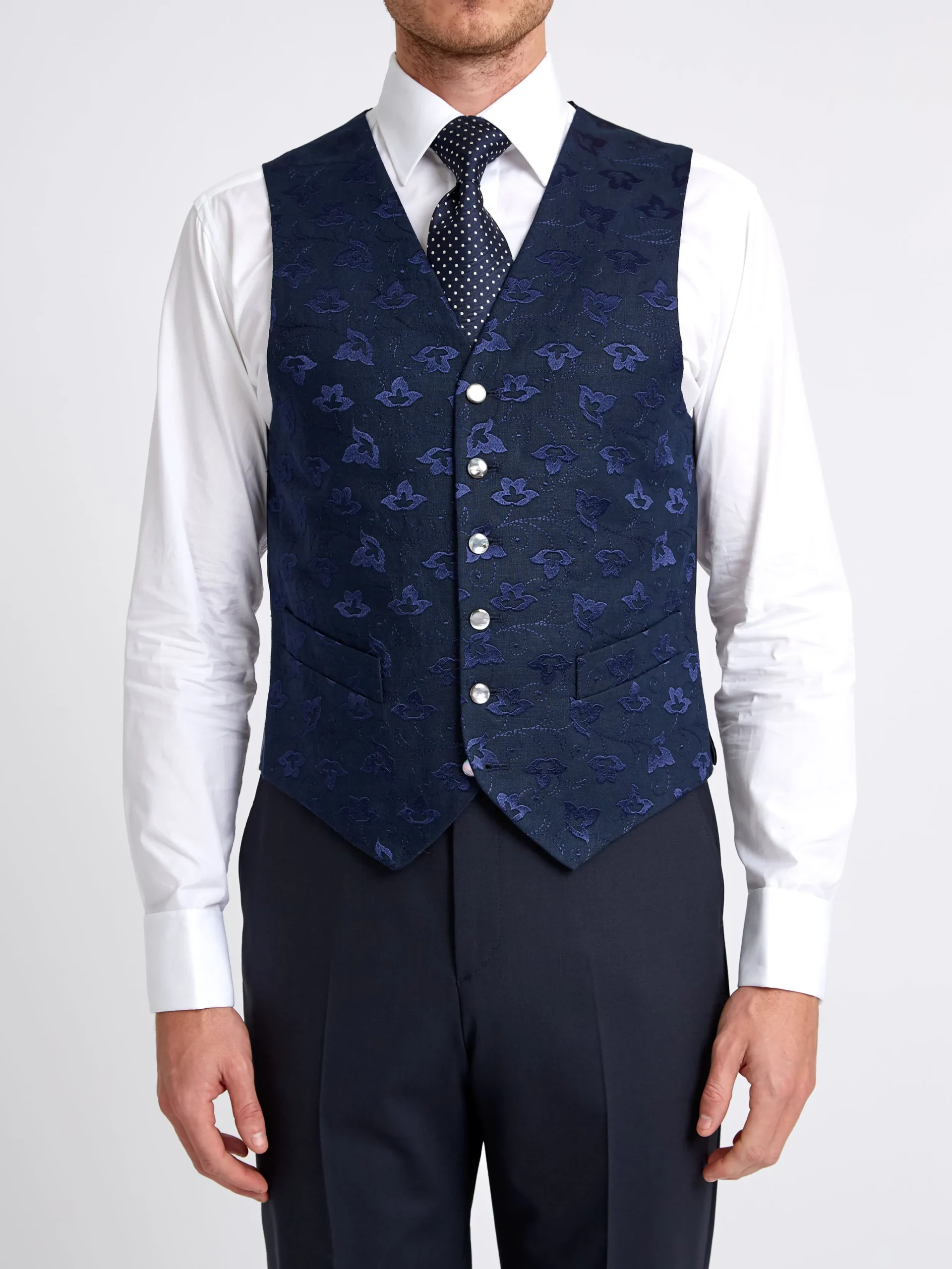 Favourbrook Navy Sweet Pea Linen Single Breasted 6 Button Waistcoat- Waistcoats | Single Breasted Waistcoats