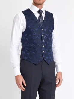Favourbrook Navy Sweet Pea Linen Single Breasted 6 Button Waistcoat- Waistcoats | Single Breasted Waistcoats