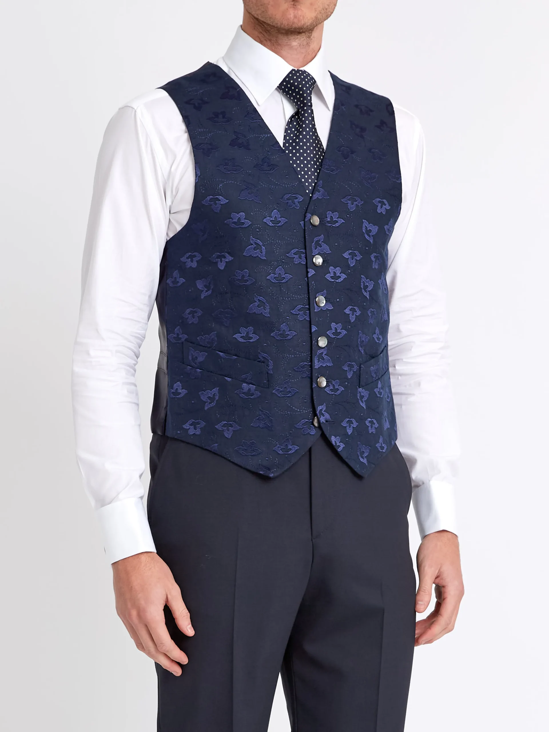 Favourbrook Navy Sweet Pea Linen Single Breasted 6 Button Waistcoat- Waistcoats | Single Breasted Waistcoats