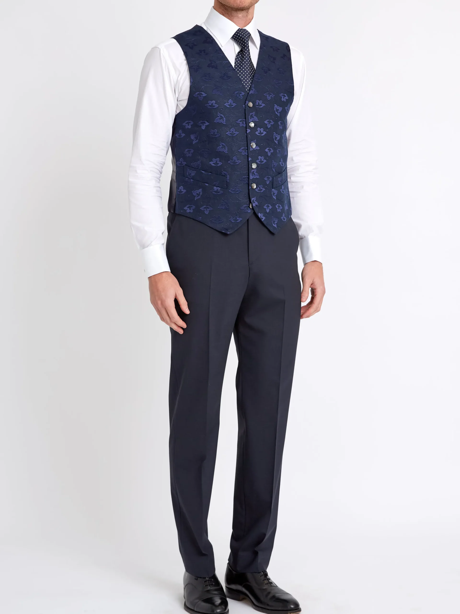 Favourbrook Navy Sweet Pea Linen Single Breasted 6 Button Waistcoat- Waistcoats | Single Breasted Waistcoats