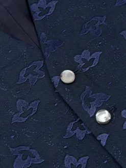 Favourbrook Navy Sweet Pea Linen Single Breasted 6 Button Waistcoat- Waistcoats | Single Breasted Waistcoats