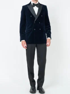 Favourbrook Navy Velvet Cotton Double Breasted Dinner Jacket- Occasionwear | Velvet Jackets