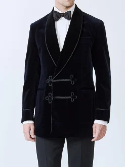 Favourbrook Navy Velvet Double Breasted Smoking Jacket- Eveningwear | Velvet Jackets
