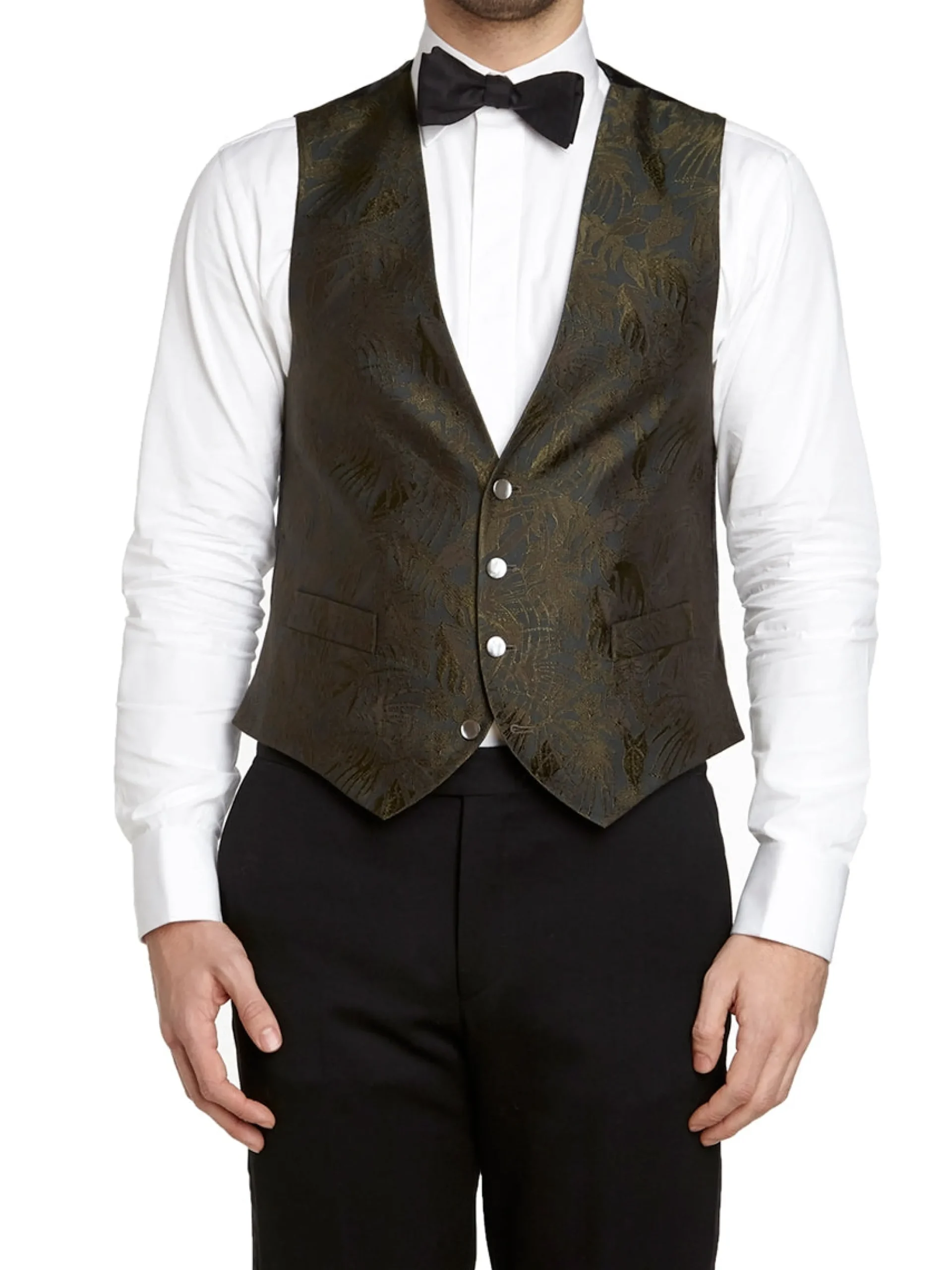 Favourbrook Olive Botanics Silk Single Breasted 4 Button Waistcoat- Waistcoats | Evening Waistcoats