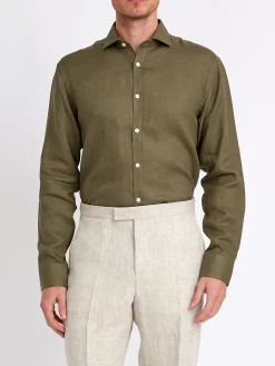 Favourbrook Olive Bridford Linen Cutaway Collar Shirt- Shirts