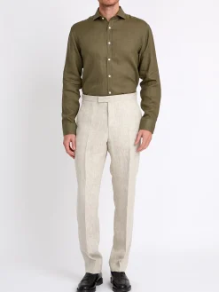 Favourbrook Olive Bridford Linen Cutaway Collar Shirt- Shirts