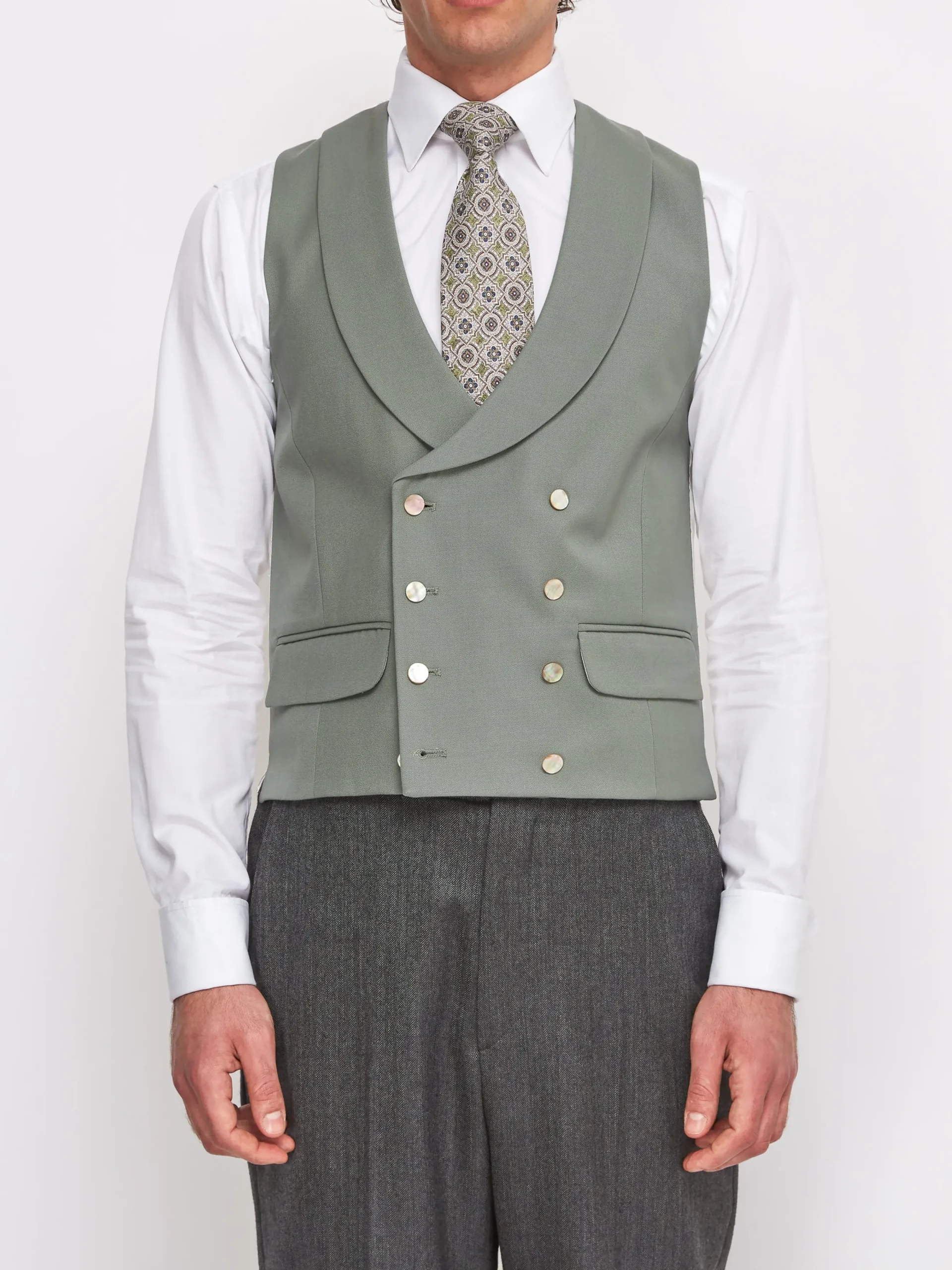 Favourbrook Olive Gabardine Wool Double Breasted 8 Button Shawl Lapel Waistcoat- Groomswear | Waistcoats