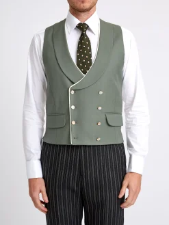 Favourbrook Olive Gabardine Wool Double Breasted 8 Button Shawl Lapel Piped Waistcoat- Waistcoats | Shawl Lapel Waistcoats