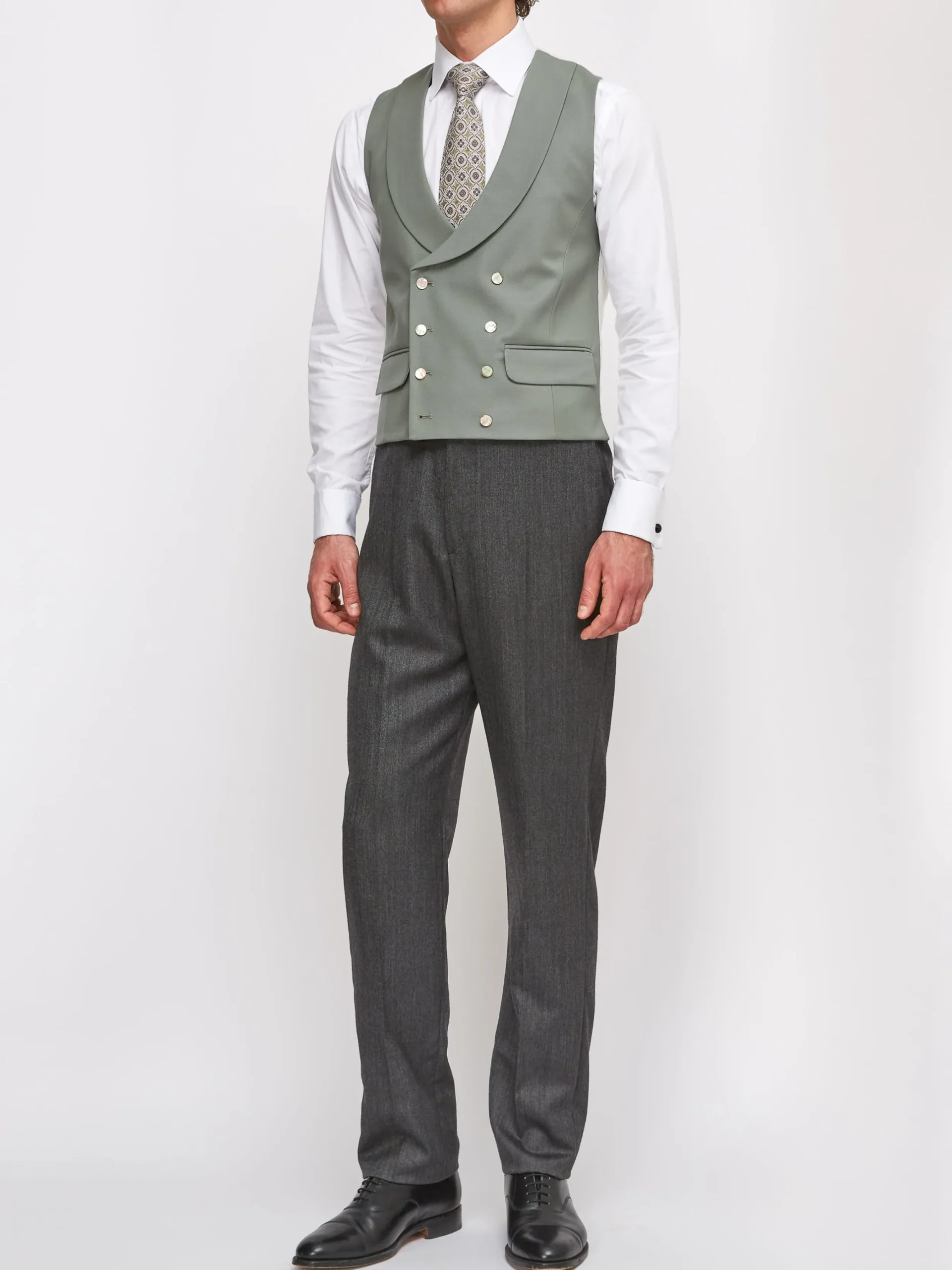 Favourbrook Olive Gabardine Wool Double Breasted 8 Button Shawl Lapel Waistcoat- Groomswear | Waistcoats