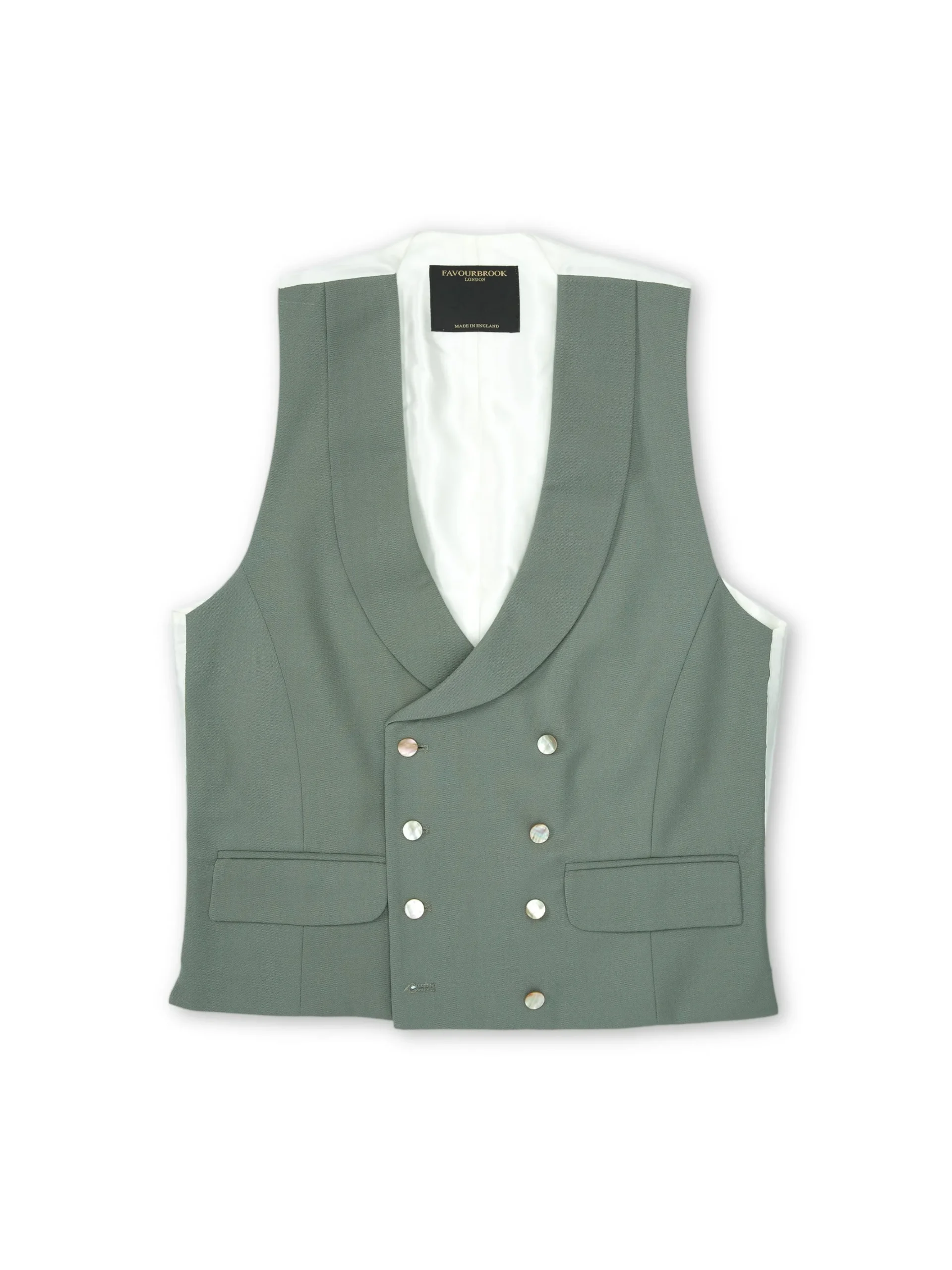 Favourbrook Olive Gabardine Wool Double Breasted 8 Button Shawl Lapel Waistcoat- Groomswear | Waistcoats