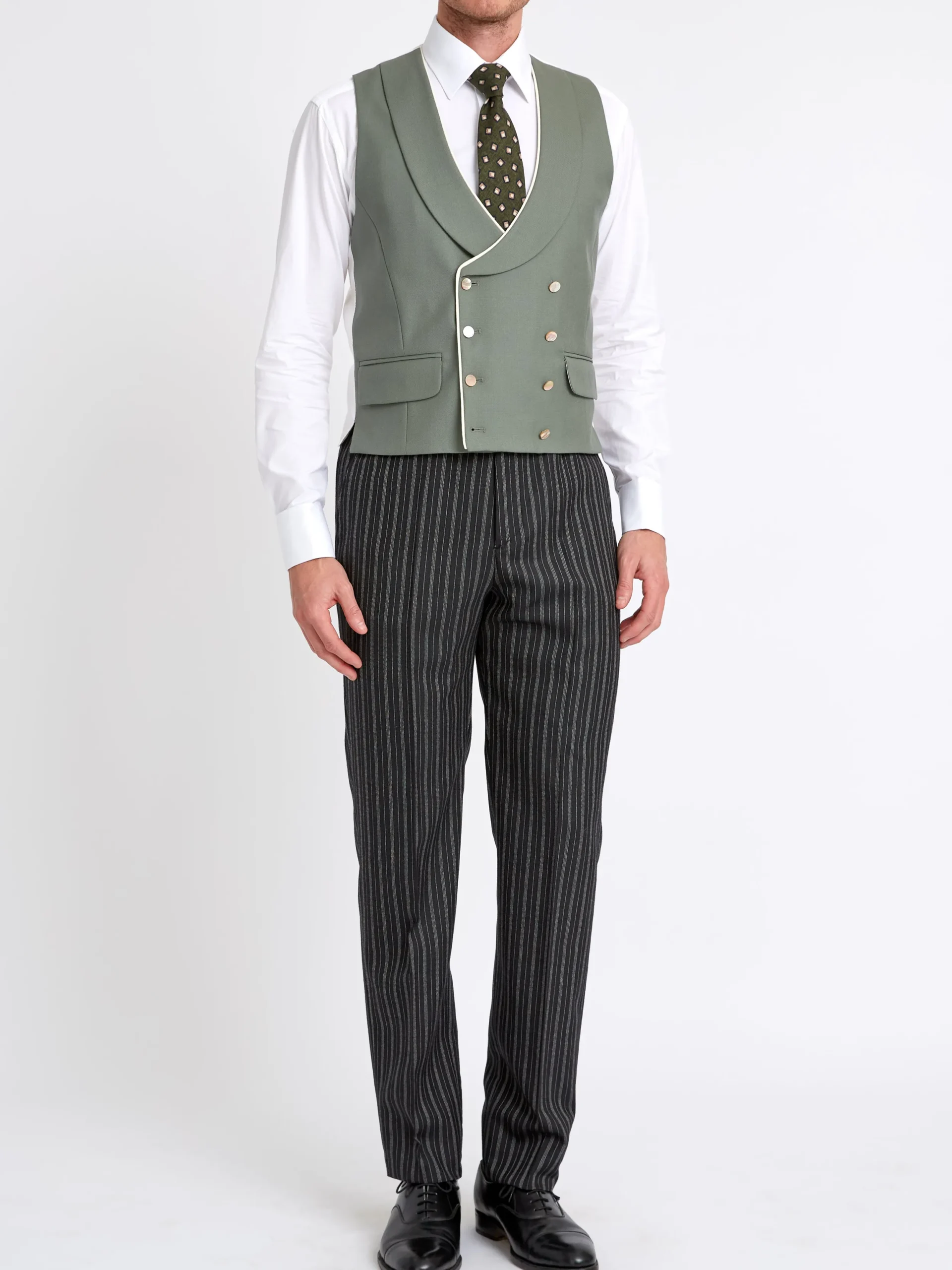 Favourbrook Olive Gabardine Wool Double Breasted 8 Button Shawl Lapel Piped Waistcoat- Waistcoats | Shawl Lapel Waistcoats