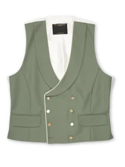 Favourbrook Olive Gabardine Wool Double Breasted 8 Button Shawl Lapel Piped Waistcoat- Waistcoats | Shawl Lapel Waistcoats