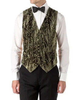 Favourbrook Olive Lurex Berries Velvet Single Breasted 6 Button Waistcoat- Waistcoats | Evening Waistcoats