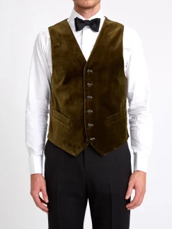 Favourbrook Olive Velvet Cotton Single Breasted 6 Button Piped Waistcoat- Waistcoats | Single Breasted Waistcoats