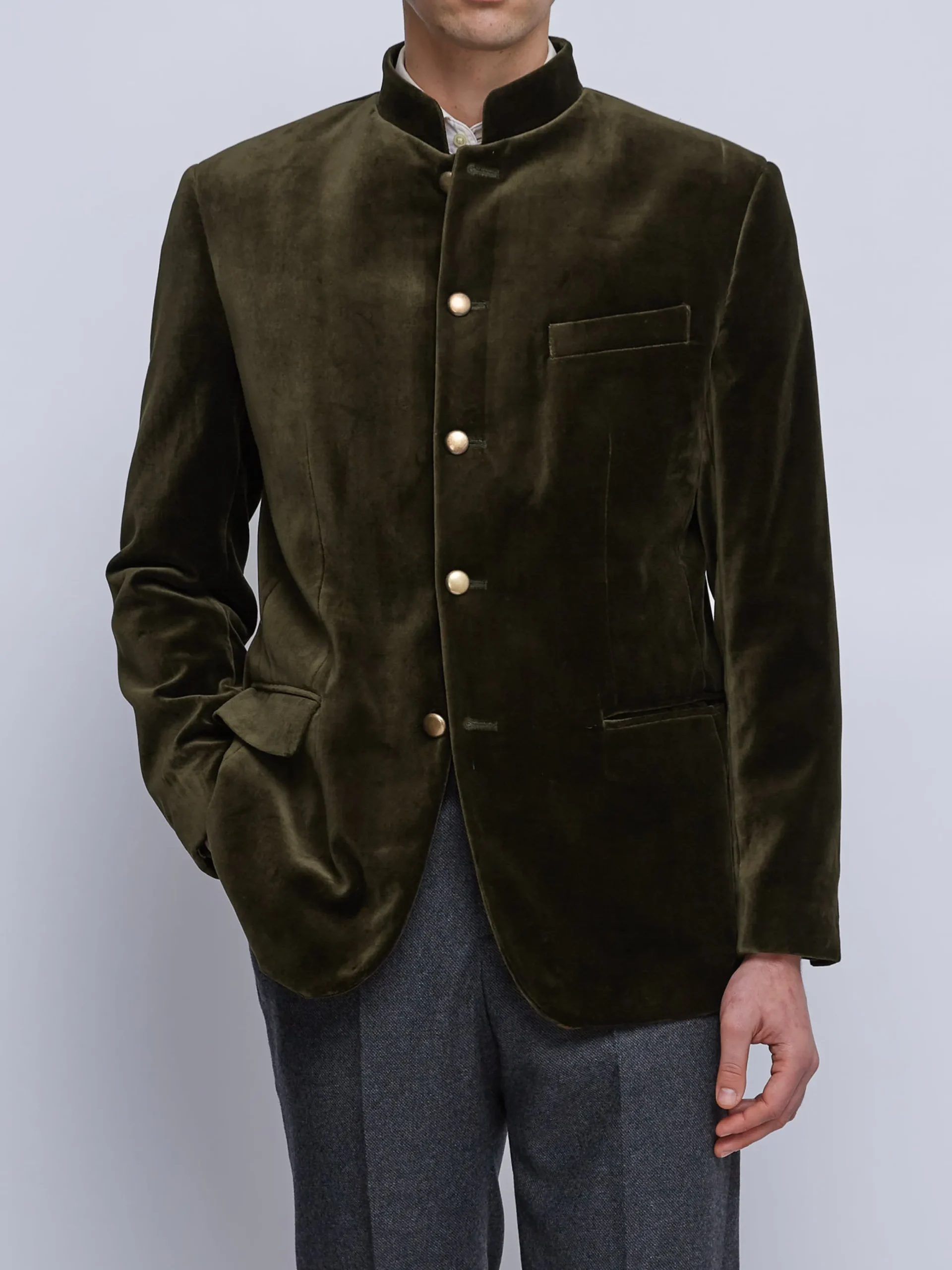 Favourbrook Olive Velvet Nehru Jacket Button Cuff- Nehru Jackets | Velvet Jackets