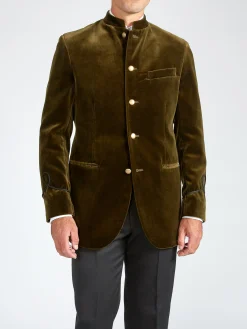 Favourbrook Olive Velvet Nehru Jacket with Frogging on Sleeve- Nehru Jackets | Velvet Jackets