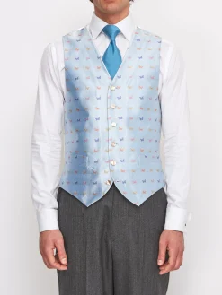 Favourbrook Pale Blue Butterfly Silk Single Breasted 6 Button Waistcoat- Waistcoats | Single Breasted Waistcoats
