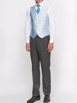 Favourbrook Pale Blue Butterfly Silk Single Breasted 6 Button Waistcoat- Waistcoats | Single Breasted Waistcoats