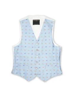 Favourbrook Pale Blue Butterfly Silk Single Breasted 6 Button Waistcoat- Waistcoats | Single Breasted Waistcoats