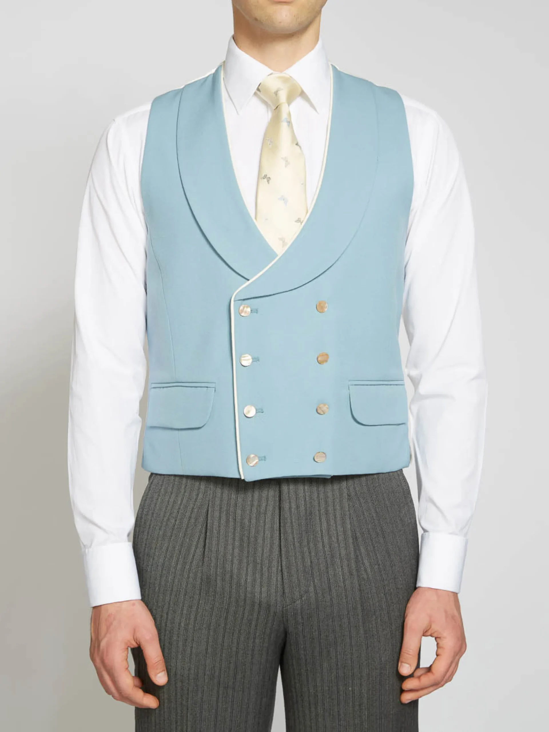 Favourbrook Pale Blue Gabardine Wool Double Breasted 8 Button Shawl Lapel Piped Waistcoat- Groomswear | Waistcoats