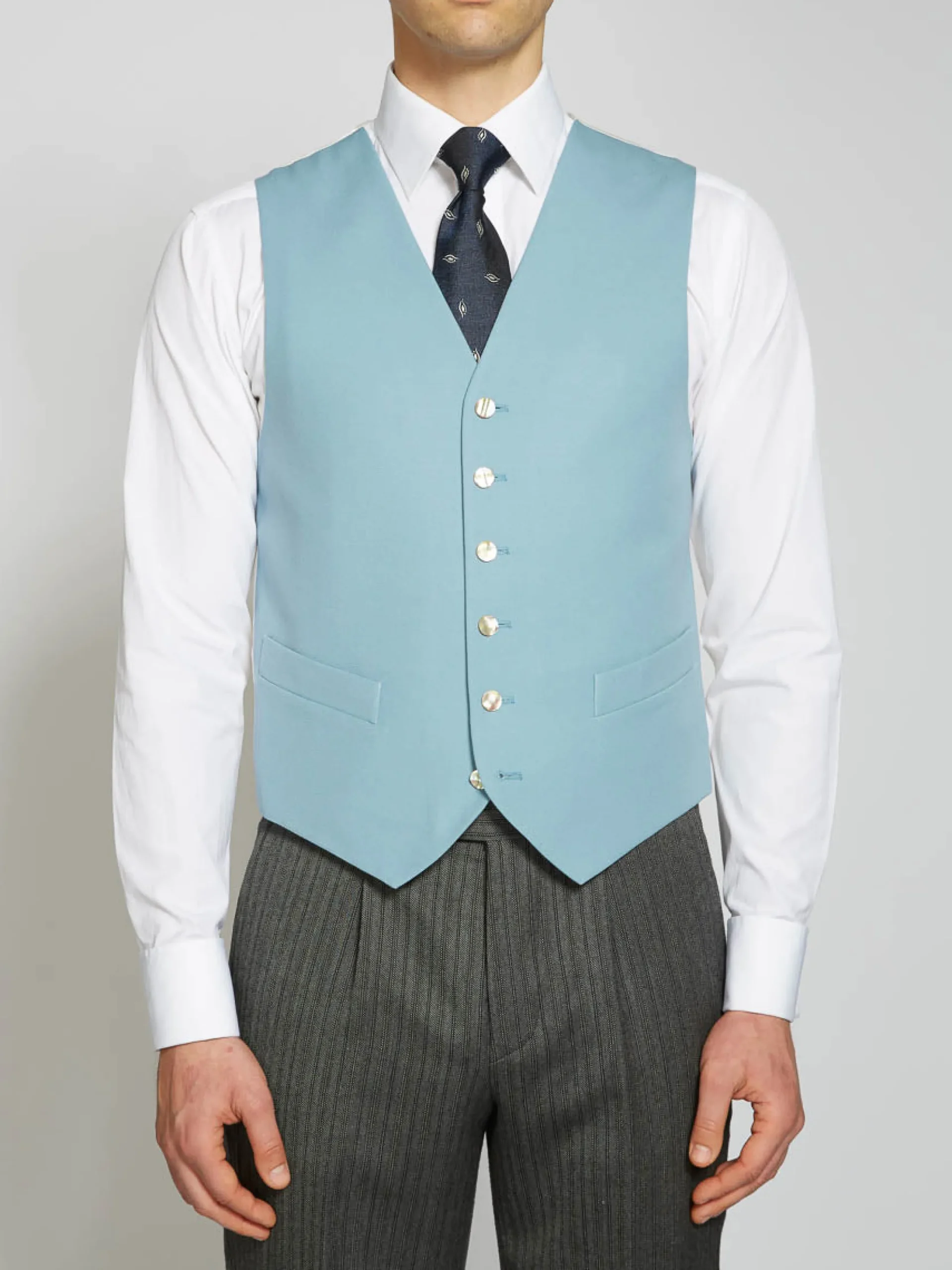 Favourbrook Pale Blue Gabardine Wool Single Breasted 6 Button Waistcoat- Groomswear | Wedding Attire