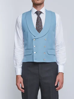 Favourbrook Pale Blue Gabardine Wool Double Breasted 8 Button Shawl Lapel Waistcoat- Wedding Attire | Double Breasted Waistcoats