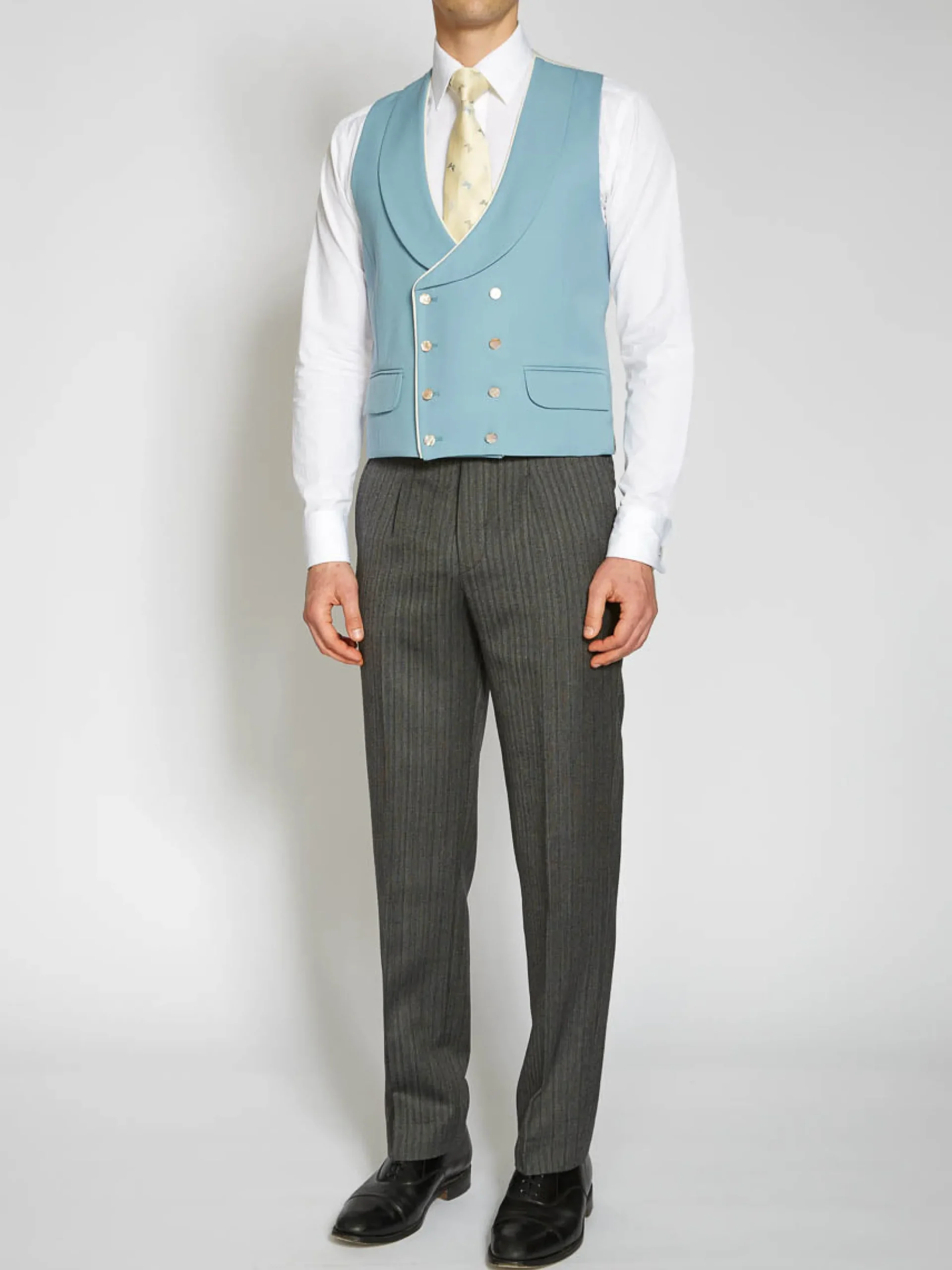 Favourbrook Pale Blue Gabardine Wool Double Breasted 8 Button Shawl Lapel Piped Waistcoat- Groomswear | Waistcoats