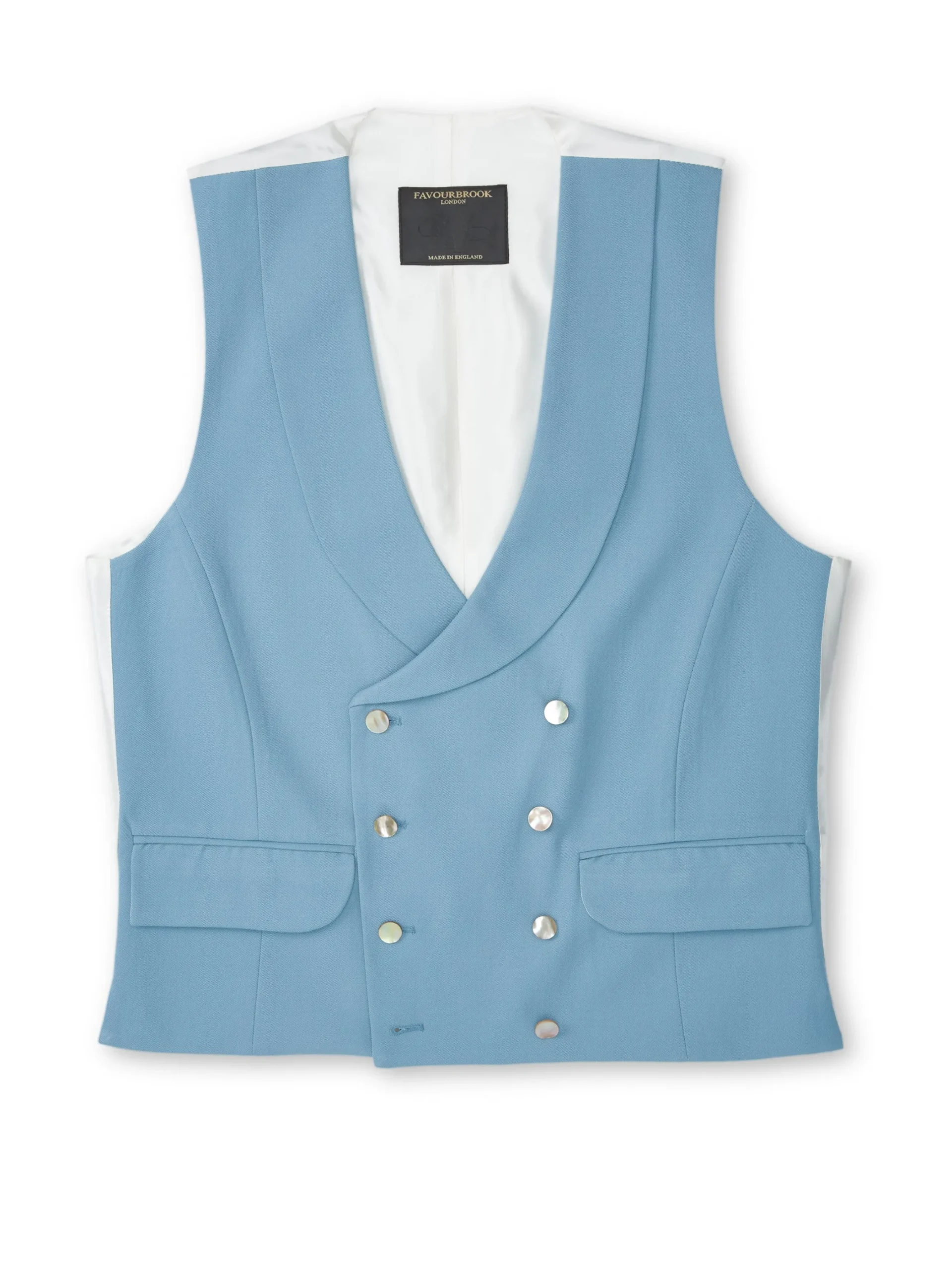 Favourbrook Pale Blue Gabardine Wool Double Breasted 8 Button Shawl Lapel Waistcoat- Wedding Attire | Double Breasted Waistcoats
