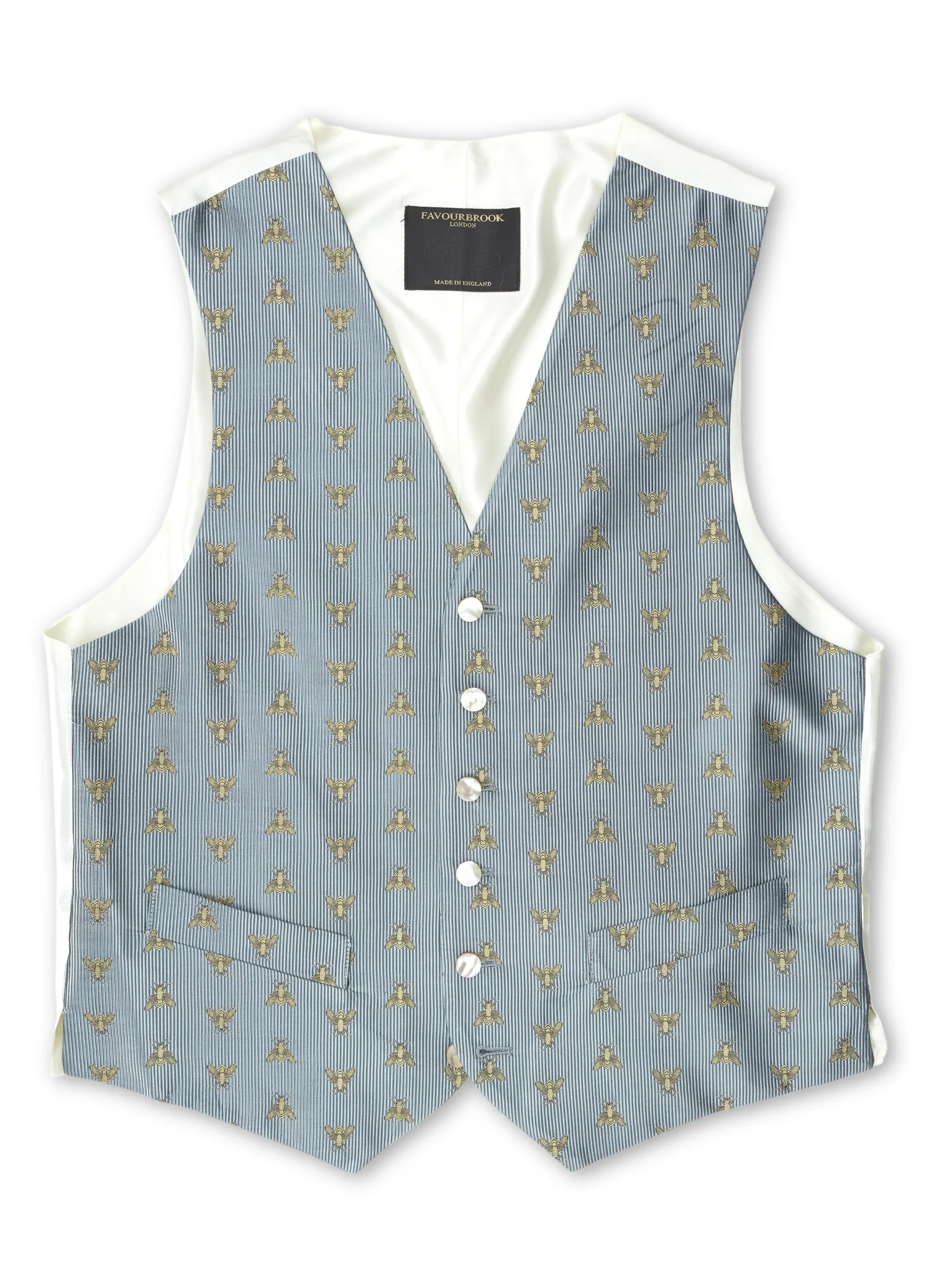 Favourbrook Powder Blue Gold Bees Silk Single Breasted 6 Button Waistcoat- Waistcoats | Royal Ascot Waistcoats