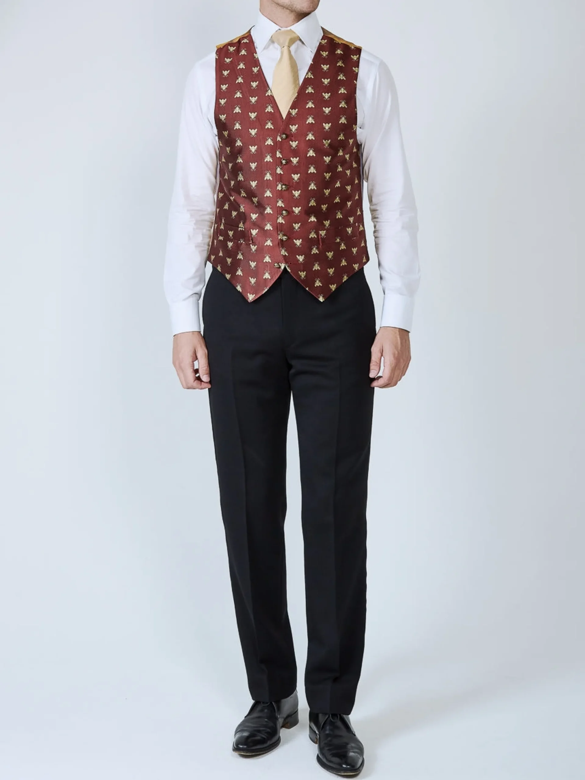 Favourbrook Red Gold Bees Silk Single Breasted 6 Button Waistcoat- Waistcoats | Evening Waistcoats