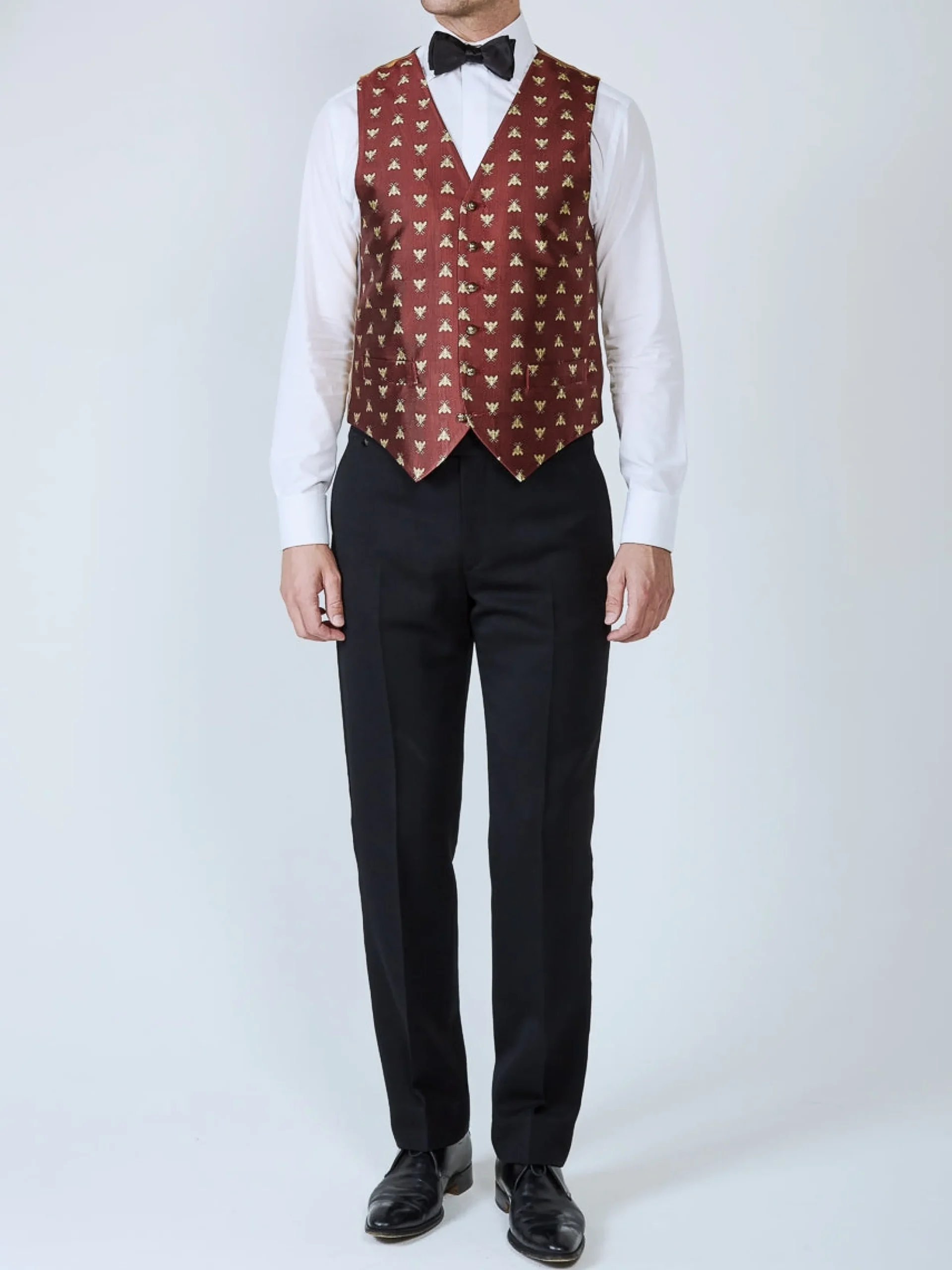 Favourbrook Red Gold Bees Silk Single Breasted 6 Button Waistcoat- Waistcoats | Evening Waistcoats