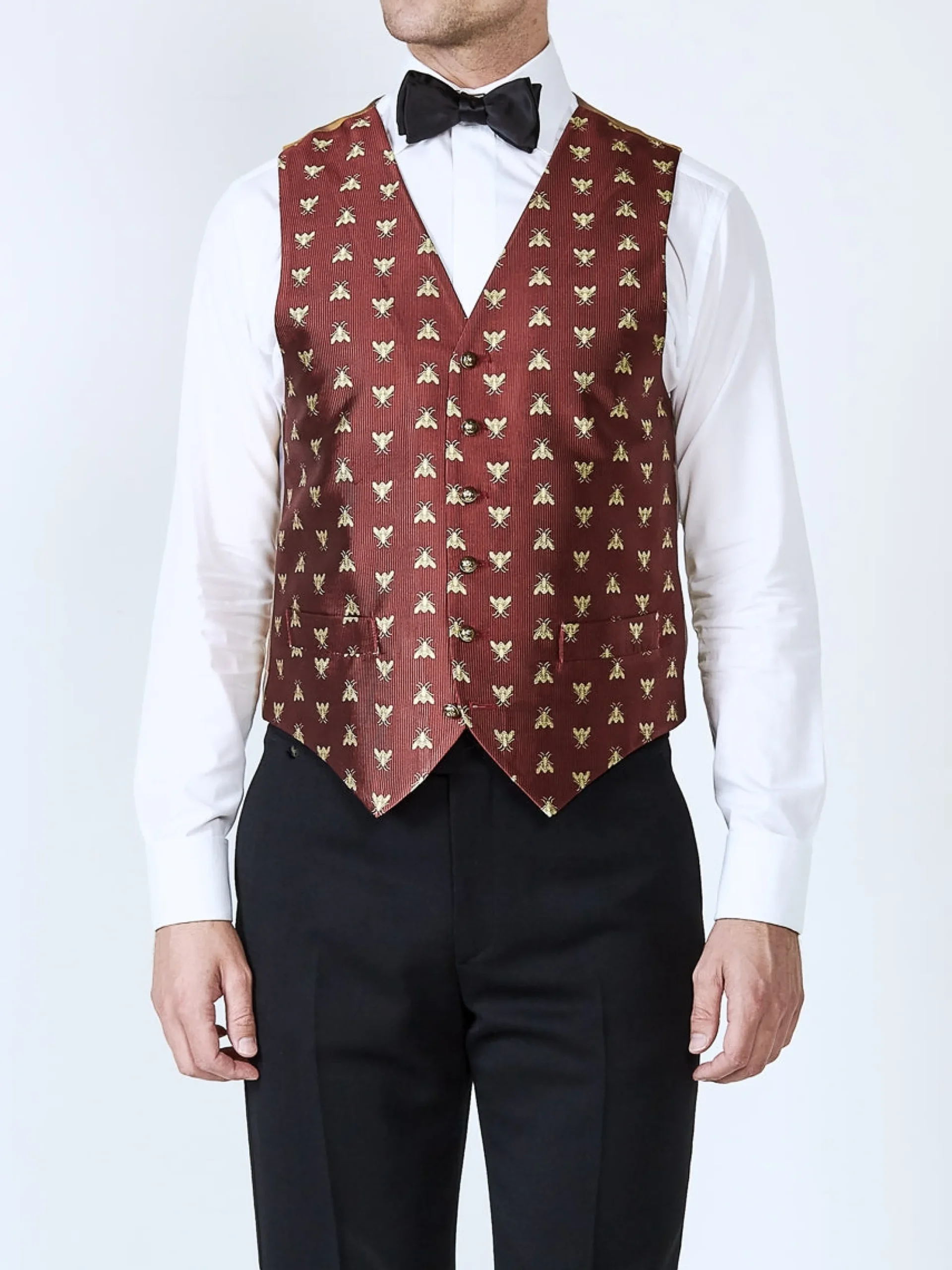 Favourbrook Red Gold Bees Silk Single Breasted 6 Button Waistcoat- Waistcoats | Evening Waistcoats