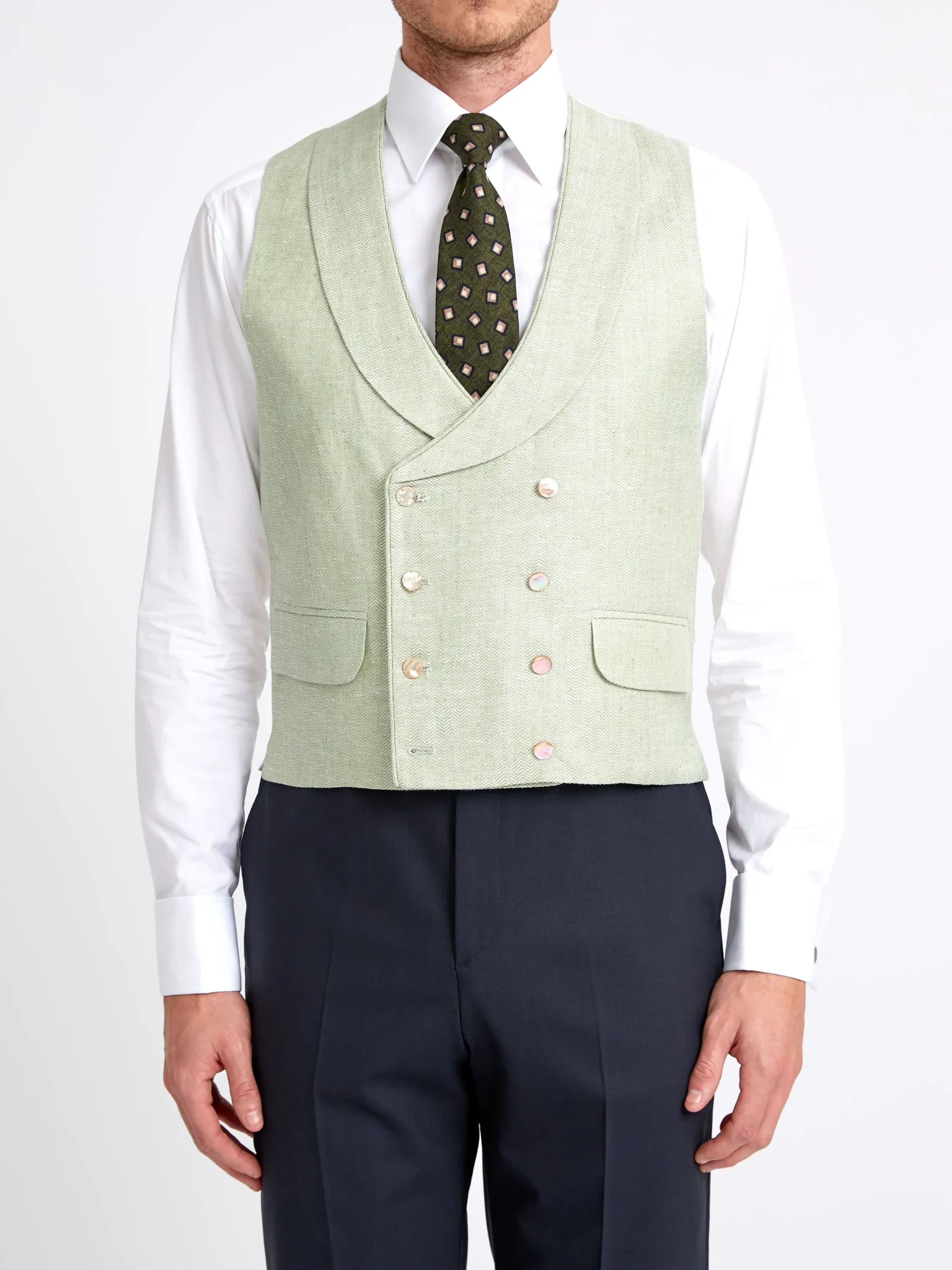 Favourbrook Sage Green Randwick Double Breasted 8 Button Shawl Lapel Piped Waistcoat- Royal Ascot | Wedding Attire